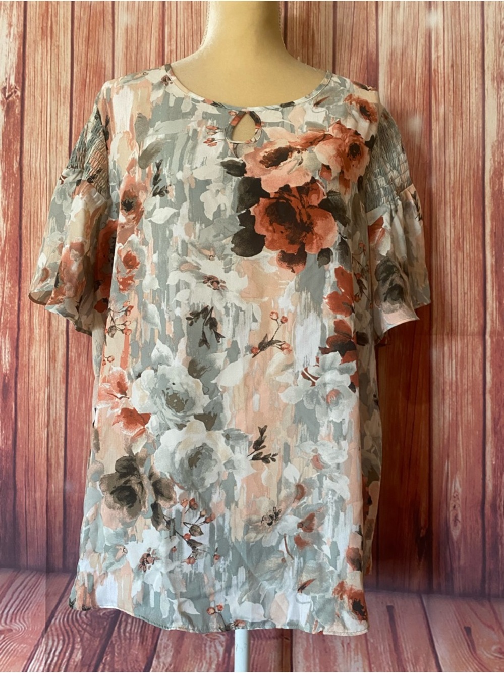 Women’s 18 20 Blouse Cato Floral Multicolored Short Ruffle Sleeves Semi Sheer